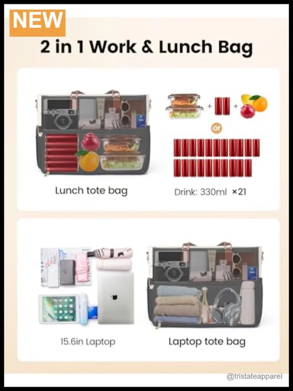 Insulated Lunch Tote Bag with Laptop Compartment & 17 Pockets